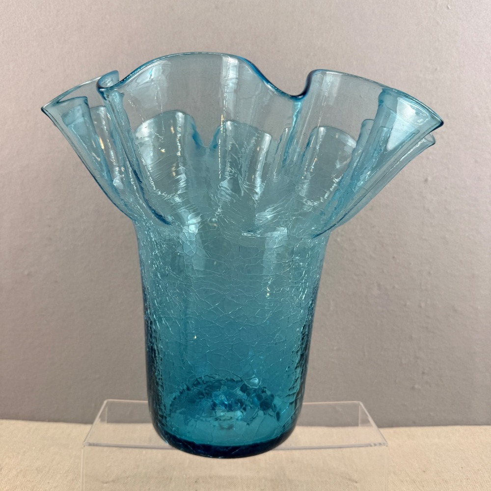 Bischoff Peacock Blue Glass‎ Crackle Vase Ruffled Rim 11" West Virginia MCM